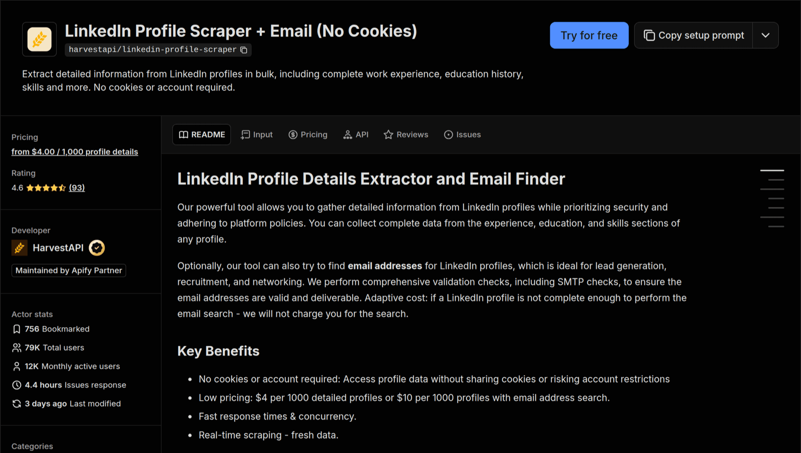 HarvestAPI's LinkedIn Profile Scraper listing on Apify, priced per 1,000 profile details