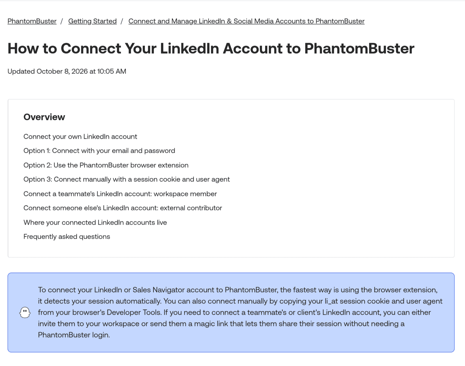 PhantomBuster help page explaining how to connect your LinkedIn account, including the session cookie option