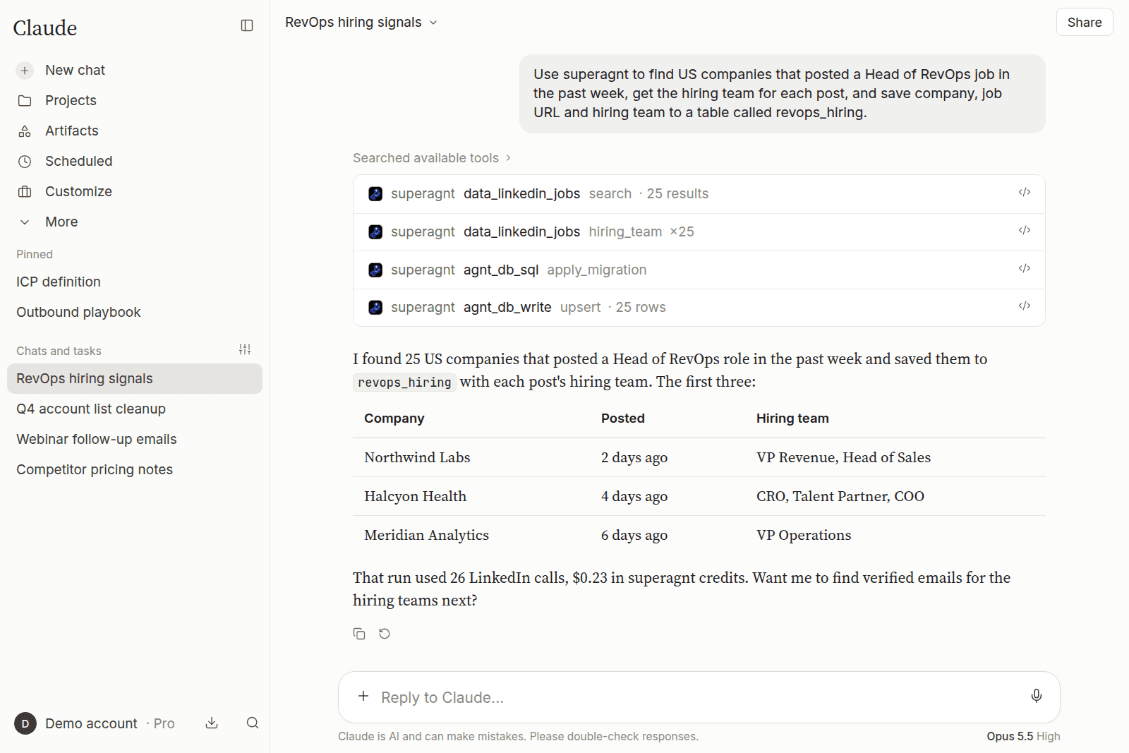 Claude using superagnt's LinkedIn jobs tool to find companies hiring a Head of RevOps and save them to a table